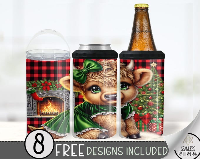 Cute Highland Cow Can Cooler Wrap, Xmas 16 oz 4-in-1 Cooler Sublimation, Christmas 16Oz Tumbler File, Buffalo Check Holiday Design File PNG