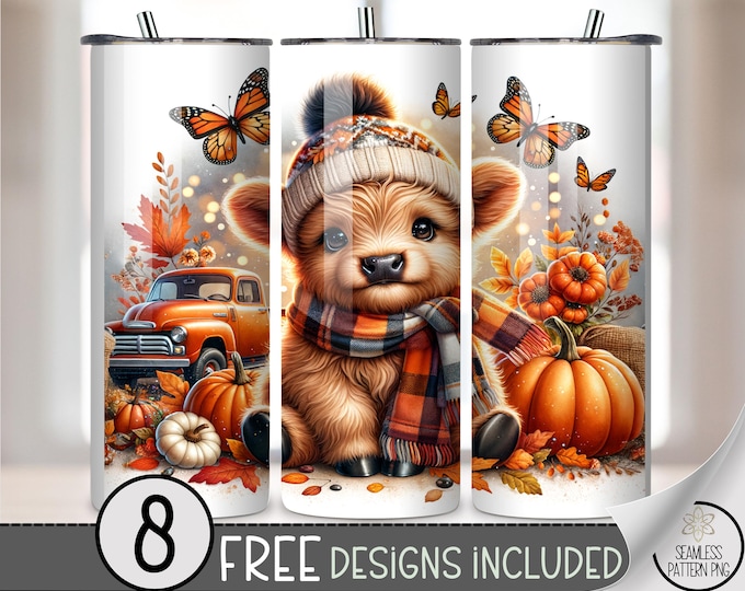 Autumn Highland Cow 20 oz Tumbler Wrap, Cozy Sublimation Design for Straight Tumblers, Cute PNG Files, B10311