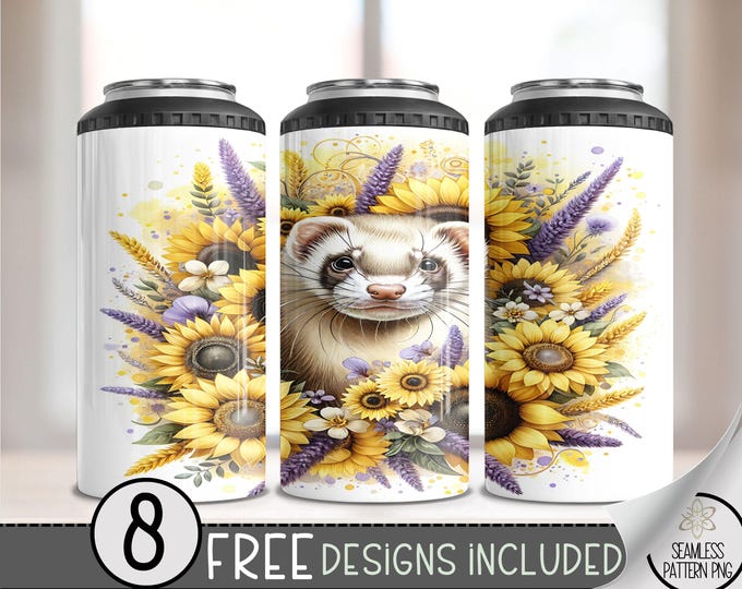 Ferret Floral 4 in 1 Can Cooler Wrap, Ferret with Sunflowers 4in1 Tumbler PNG, Weasel 16 Oz Can Cooler Sublimation Design, Digital Download