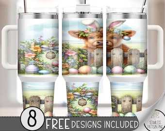 Highland Cow Easter 40oz Tumbler Wrap, Bunny Floral Tumbler Sublimation Design, Egg Easter 40oz Quencher Tumbler Wrap PNG,Floral Easter, A13