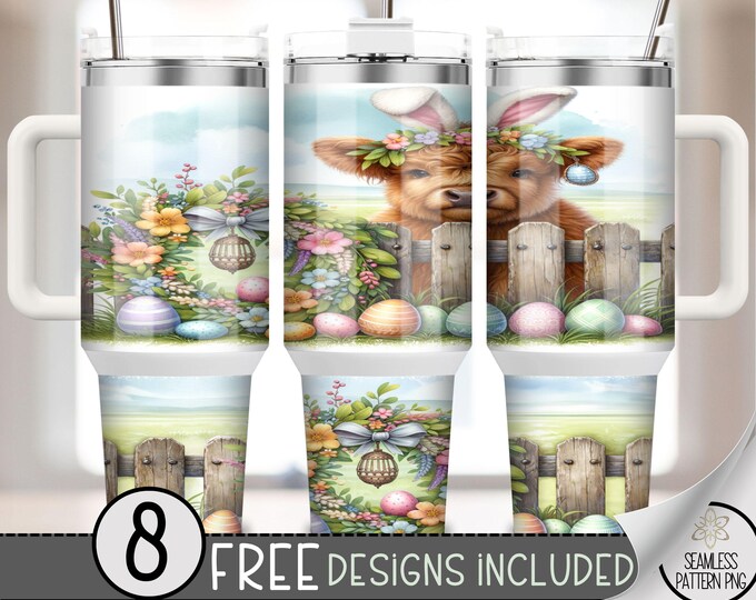 Highland Cow Easter 40oz Tumbler Wrap, Bunny Floral Tumbler Sublimation Design, Egg Easter 40oz Quencher Tumbler Wrap PNG,Floral Easter, A13