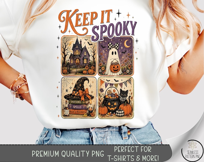 Halloween T-shirt PNG, Keep It Spooky Sublimation Design, Retro Quad Panel DTF Shirt Graphic, Digital Download, B10421
