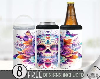 Sugar Skull Can Cooler Wrap, Skeleton 16 oz 4-in-1 Cooler Sublimation,Colorful Floral & Butterfly Design,Day of the Dead Wrap,Fall Butterfly
