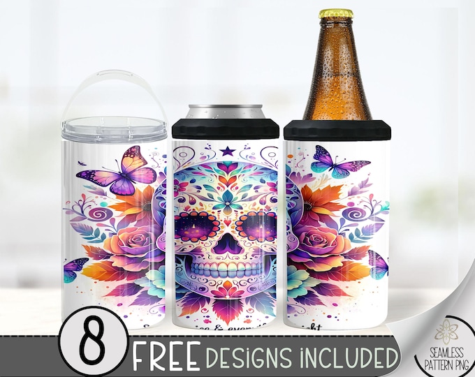 Sugar Skull Can Cooler Wrap, Skeleton 16 oz 4-in-1 Cooler Sublimation,Colorful Floral & Butterfly Design,Day of the Dead Wrap,Fall Butterfly