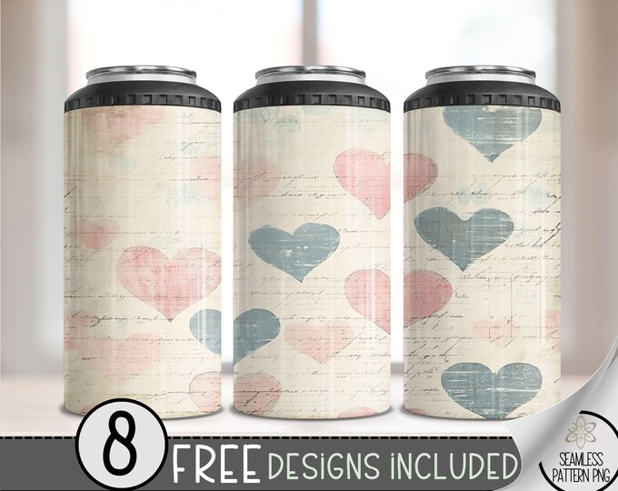 Valentines Day 4 in 1 Can Cooler Wrap, Seamless Heart 4in1 Tumbler PNG, Vday 16 Oz Can Cooler Sublimation Design,Love Hearts Hard Can Cooler