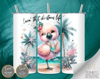 Pink Glitter Flamingo, 20 oz Straight Tumbler Wrap Sublimation, Xmas Tumbler Design Files, Teal Christmas At The Beach Instant Download PNG