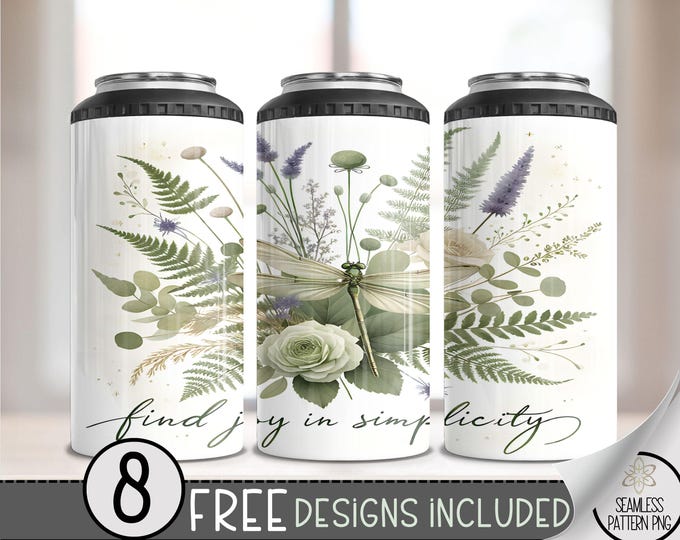 Inspirational 4 in 1 Can Cooler Wrap, Motivation 4in1 Tumbler PNG, Affirmation 16 Oz Can Cooler Sublimation Design Floral Dragonfly PNG