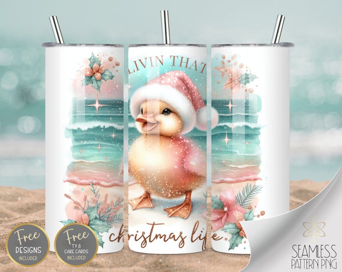 Pink Glitter Duck, 20 oz Straight Tumbler Wrap Sublimation, Xmas Tumbler Design Files, Christmas At The Beach Instant Download PNG