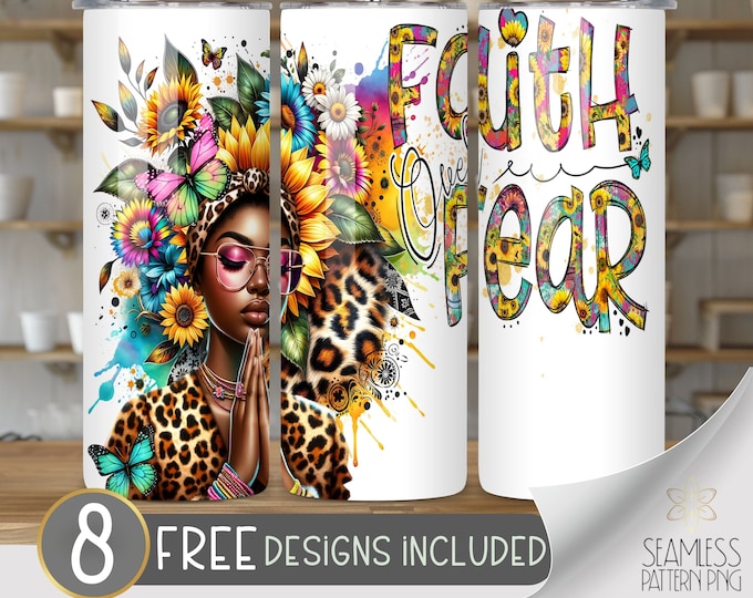 Faith Over Fear Tumbler Wrap PNG, Religious PNG, Proverbs Quote, God, Christian Bible, Sunflower Leopard Black Woman Tumbler Sublimation