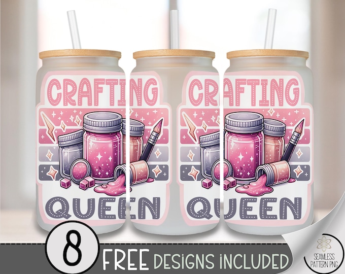 Crafting Queen 16 oz Glass Can Wrap PNG, Pink Paint Jar, Brush & Glitter Sublimation Design, Cute Crafter Life PNG, Funny Craft Design, A337