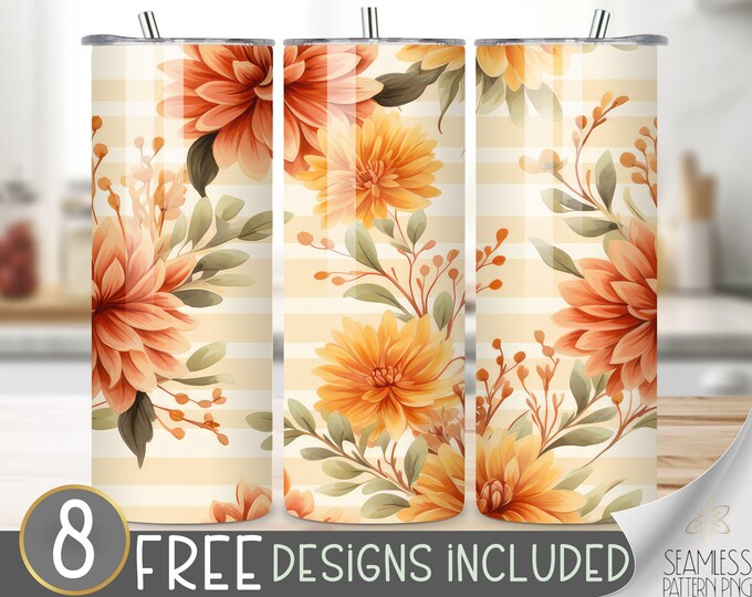 Fall Floral Tumbler Wrap, Autumn Dahlia Seamless Design, Autumn Flower Sublimation Tumbler Design PNG, Chrysanthemum 20 OZ Skinny Wrap PNG