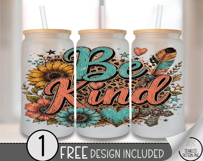 Be Kind Glass Can Wrap, Boho Leopard Sunflower 16oz Tumbler Sublimation Design PNG File, Digital Download, B10465