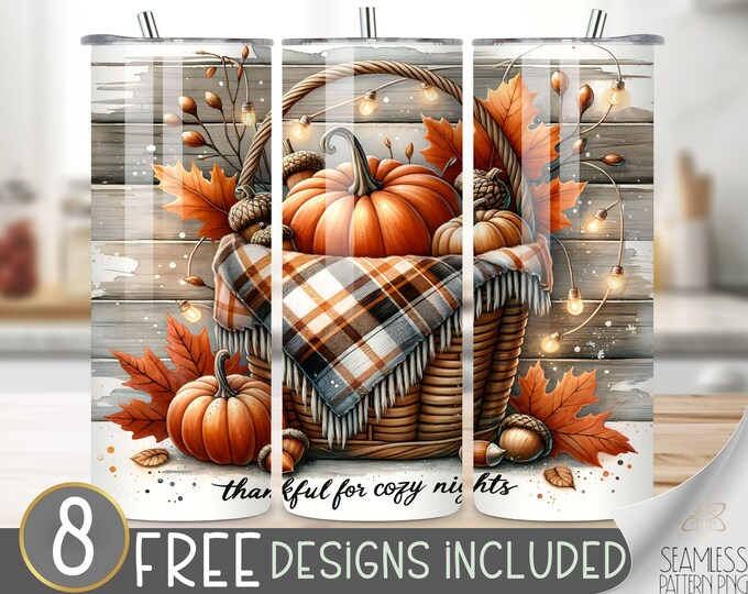 Rustic Pumpkin Tumbler Wrap, Fall Tumbler Wrap, Commercial Use, Pretty Autumn Tumbler Wrap, Cozy Autumn Pumpkin Basket Plaid Blanket File