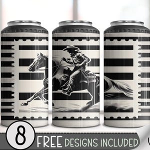 May include: Three black and white insulated drink tumblers with a cowboy riding a horse design. The design is set against a striped background. The text "8 FREE DESIGNS INCLUDED" is at the bottom.