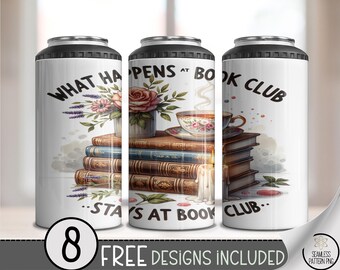 Cute Book Club Can Cooler Wrap, Vintage Floral Design, Library Lovers Gift, Book Club Tumbler wrap, Printable 4in1 Wrap, Cozy Book PNG A416