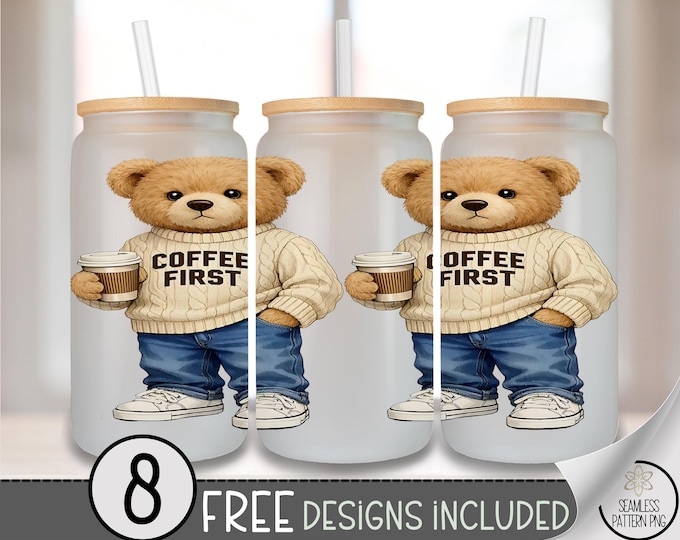 Teddy Bear Glass Can Wrap, Coffee Theme 16oz Glass Tumbler Sublimation Design, Cozy Cute PNG File, Neutral Palette Design B10006