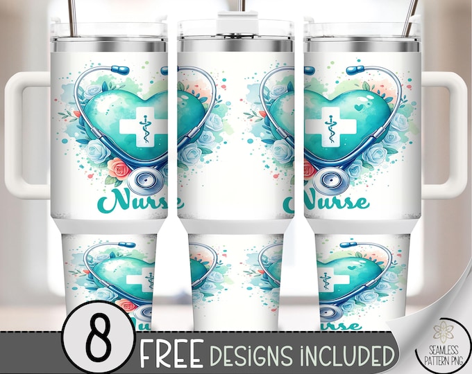 Nurse Heart 40 oz Tumbler Wrap, Medical Sublimation Design, Watercolor PNG Files, Teal & Pink Floral 40oz Tumbler Design A749