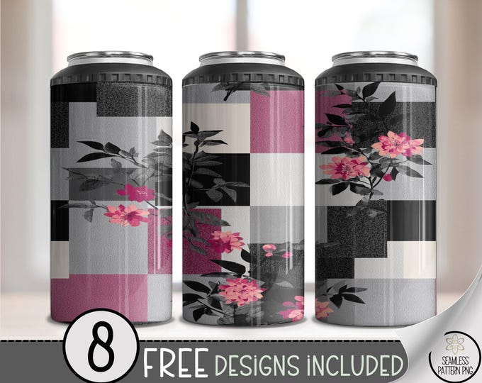 Floral Patchwork 4in1 Can Cooler Wrap, Pink Botanical Sublimation Design, Digital Download, B10551