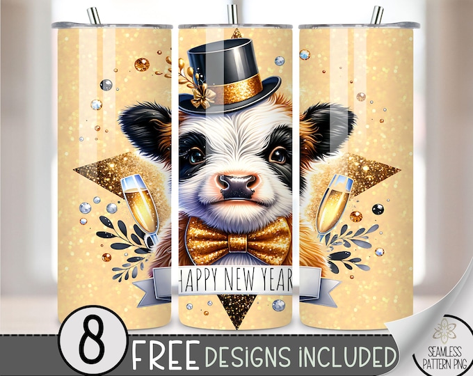 New Year Tumbler Wrap, NYE Sublimation Designs, Happy New Year 2025 Tumbler,Happy New Year Sublimation Wrap Png,Cute Cow 20Oz Skinny Tumbler