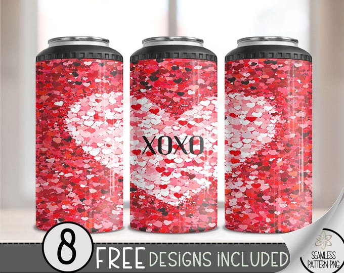 Seamless Valentine's Day 4 in 1 Can Cooler Wrap, Cute Heart 4in1 Tumbler PNG, Heart Pattern 16 Oz Can Cooler Sublimation Design, Vday Love