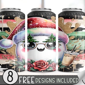 Christmas 4in1 Can Cooler Wrap, Cute Ghost 4 in 1 Tumbler PNG, Xmas 16 Oz Can Cooler Sublimation Design, Fun Christmas Can Holder Wrap