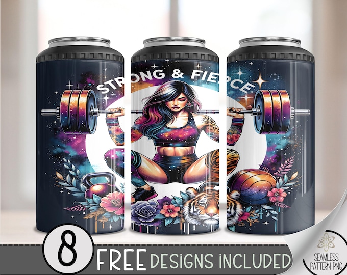 Gym 4in1 Can Cooler Wrap,Fitness Sublimation Design,Athletic Training 16 Oz PNG,Floral Boho 4 in 1 Tumbler Png,Strong & Fierce 16 Oz Can PNG