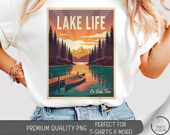 Lake Life Retro Travel Poster, Vintage Cabin Sunset PNG, Digital Download, B10490