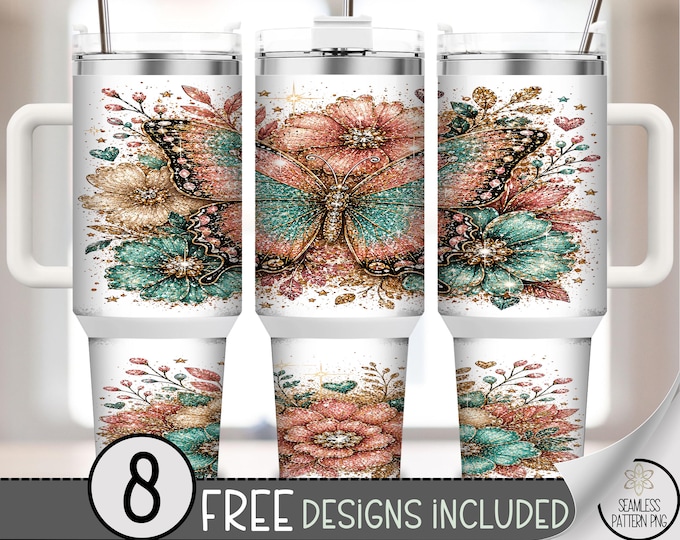 Butterfly Floral 40 Oz Tumbler Wrap, Glitter Sublimation Design, Digital Download, B10470