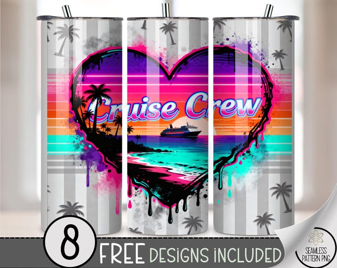 Cruise Crew PNG, 20 Oz Tumbler Wrap, Retro Neon Heart Sublimation Design, Digital Download, B10009
