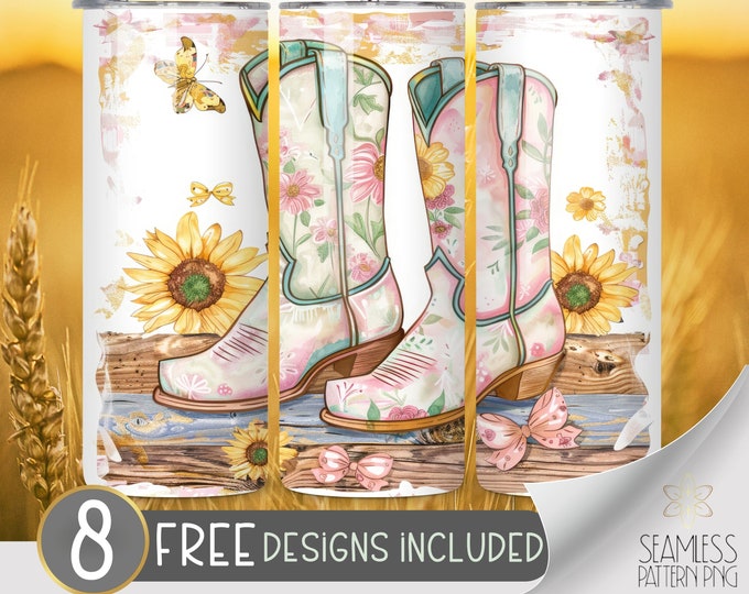 Feminine Western PNG Tumbler Wrap, Floral Cowgirl Boots Seamless Design, Instant Download, 20 Oz Skinny Sublimation Tumbler Design Straight