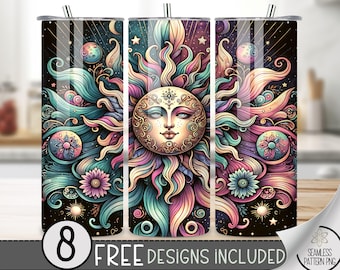 Envoltura para vaso Sol y Luna, diseño de sublimación para vaso delgado Sol y Luna Boho de 20 oz, envoltura celestial PNG, archivo PNG descarga instantánea