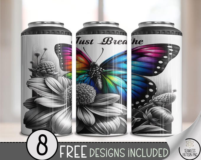 Colorful Butterfly & Floral Can Cooler Wrap, Vibrant Printable 4in1 Drink Sleeve, Positive Affirmation 4 in 1 Can Cooler Art, A470