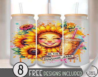 Be The Sunshine Babe Glass Can Wrap, UV Decal for Tumbler, Sublimation Design, Digital Download, Sunflower Decal Sticker, A452