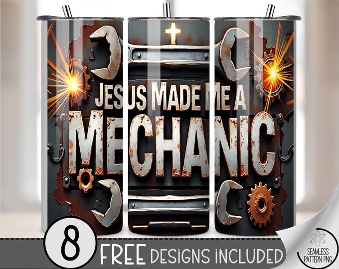 Industrial 20 oz tumbler wrap: Jesus Made Me a Mechanic Digital Download Sublimation Design for Skinny Tumblers, Rustic PNG Files A504