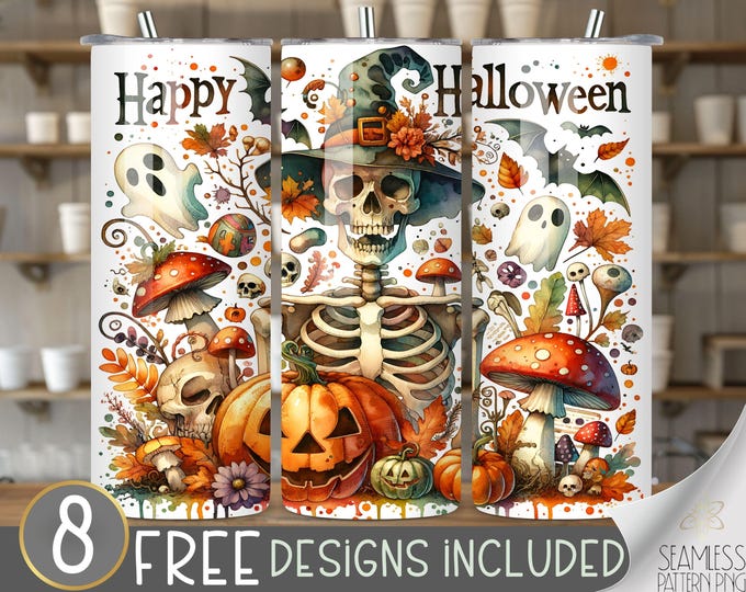 Skeleton doodle tumbler wrap, Halloween tumbler wrap, autumn 20 oz tumbler design, skeleton tumbler PNG, pumpkin tumbler file, Cottage Core