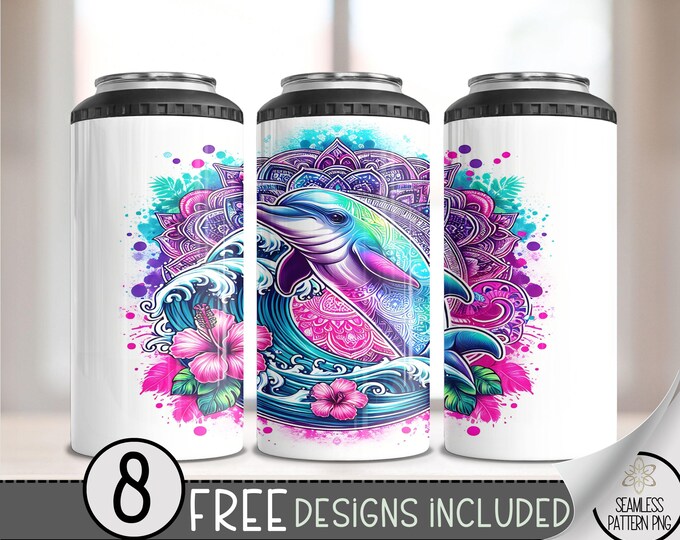 Dolphin Sunflower 4 in 1 Can Cooler Wrap, Tropical Sublimation Design, Summer Hibiscus Mandala 4in1 Tumbler PNG, Retro Can Wrap File, A115