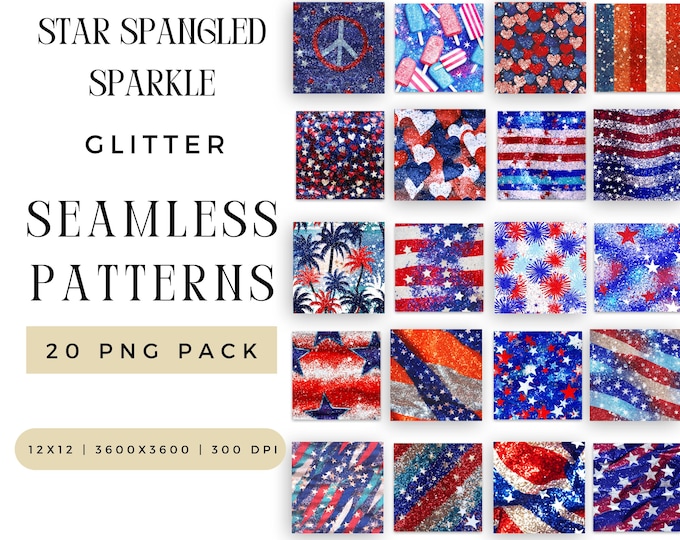 Digital Glitter Star Spangled Sparkle Seamless Pattern PNG Bundle, Stripe Sublimation File, Bright 4th of July Repeating Pack Commercial Use
