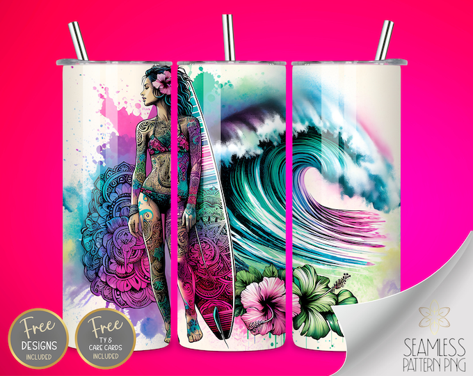 Surf Woman Tumbler Wrap, Surfer Girl Sublimation File, Hibiscus Mandala Tumbler, Ocean Wave 20oz Straight Tumbler Wrap, Beach Tumbler Wrap