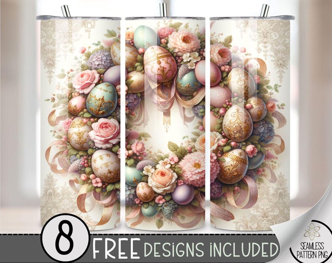 Rococo Easter Tumbler Wrap, Shabby Chic 20oz Skinny Tumbler Sublimation Design, Easter Wreath Tumbler Wrap File PNG, Grand Millennial Easter