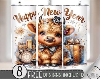 Highland Cow Tumbler Wrap, Happy New Year Tumbler Wrap, NYE 20Oz Skinny Tumbler, Cute Cow Sublimation Tumbler Design Wrap, 300Dpi PNG File