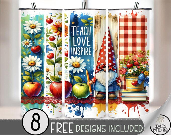 Teach Love Inspire 20oz Tumbler PNG, Cute Teacher Gnome Sublimation Wrap, Back to School Skinny Tumbler Design for Educators, A215