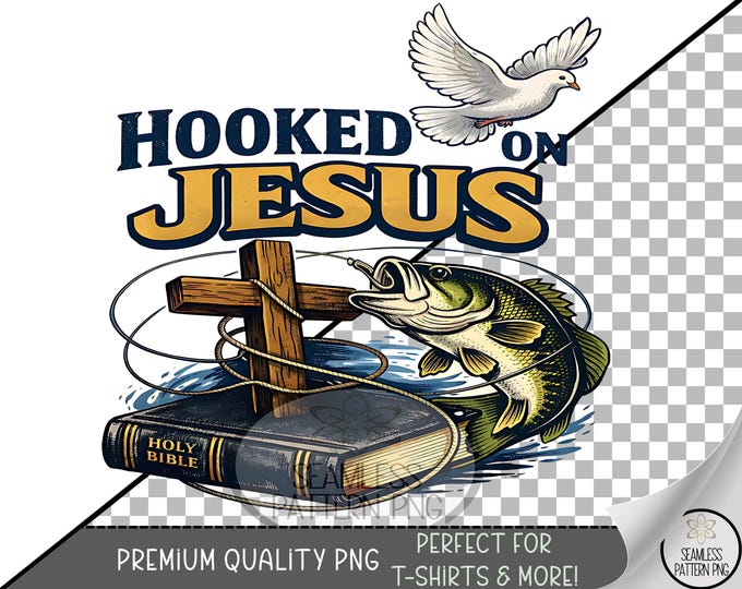 Fishing Sublimation Design, Bass with Cross UV DTF Graphic, Religious Clip Art, Hooked on Jesus PNG, Digital Download, B10021