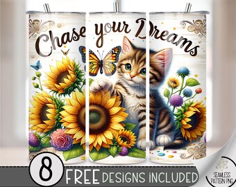 Kitty Tumbler Bundle, Cat Flower Sublimation Design, Butterfly Sunflower Tumbler File, Inspirational Sublimation PNG, Kitten Motivating Wrap