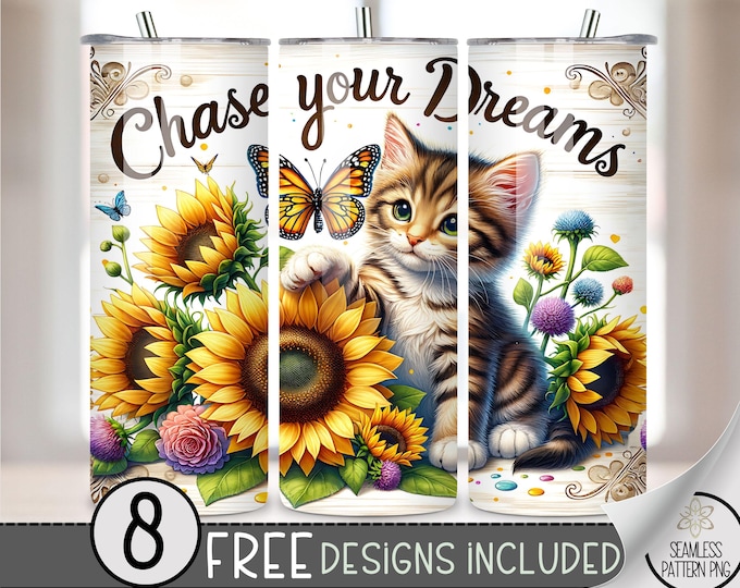 Kitty Tumbler Bundle, Cat Flower Sublimation Design, Butterfly Sunflower Tumbler File, Inspirational Sublimation PNG, Kitten Motivating Wrap