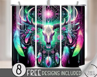 Boho Aztec Tumbler Wrap, Dreamcatcher Tumbler Wrap, Western Bull Skill 20 oz Skinny Sublimation, Neon Watercolor Tribal Pattern Tumbler PNG