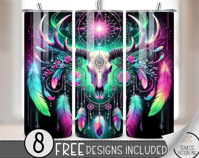 Boho Aztec Tumbler Wrap, Dreamcatcher Tumbler Wrap, Western Bull Skill 20 oz Skinny Sublimation, Neon Watercolor Tribal Pattern Tumbler PNG