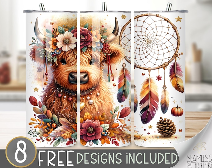 Boho Highland Cow Tumbler Wrap Png, Dreamcatcher Straight Wrap Tumbler, Digital Download, Highland Cow Floral Tumbler Wrap, Boho Flowers