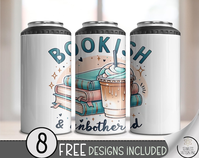 Bookish & Unbothered 4-in-1 Can Cooler Wrap PNG, Cute Books and Iced Coffee Pastel Design, 4in1 Cozy Reading Book Lovers Sublimation, A339