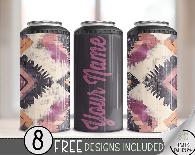 Aztec 4 In 1 Can Cooler File PNG, Add Your Own Name Faded Southwestern 4In1 Can Cooler Wrap, Aged Western 16 Oz 4-In-1 Cooler Sublimation