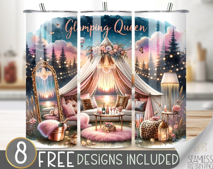 Glamping Queen Tumbler Wrap, Luxury Camping Design, Boho Tent Camping 20oz Sublimation PNG, Glittery Feminine Sublimation Tumbler, Glam Tent